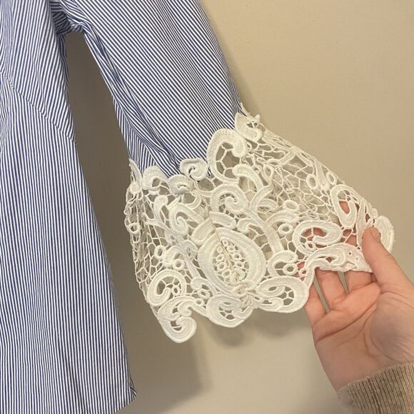 Saks Fifth Avenue Cotton Nautical Striped Lace Blouse Sz M - Picture 3 of 4